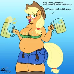 Size: 1280x1280 | Tagged: alcohol, anthro, applefat, applejack, artist:zeldafan777, bbw, belly, belly button, big belly, blushing, breasts, busty applejack, chubby, chubby jack, cider, cider mug, clothes, derpibooru import, drinking, drunk, drunk aj, fat, hat, looking at you, muffin top, mug, open mouth, plump, suggestive, talking to viewer, tankard, that pony sure does love cider, that pony sure does love drinking