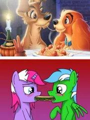 Size: 1073x1425 | Tagged: suggestive, artist:nitro-banana, derpibooru import, oc, oc:nitro banana, oc:raspberry juice, unofficial characters only, dog, pegasus, pony, unicorn, blushing, candle, drool, food, lady and the tramp, pasta, romantic, sandwich, simple background, spaghetti, spaghetti and meatballs, suggestive eating