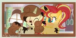 Size: 1600x814 | Tagged: safe, artist:rose-moonlightowo, derpibooru import, sunset shimmer, oc, oc:honey tea, pony, unicorn, chocolate, female, food, half-siblings, mare, offspring, parent:cinnamon chai, parent:donut joe