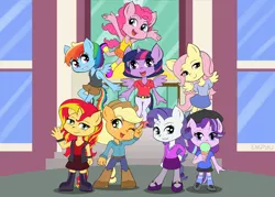 Size: 1200x857 | Tagged: safe, artist:empyu, derpibooru import, applejack, fluttershy, pinkie pie, rainbow dash, rarity, starlight glimmer, sunset shimmer, twilight sparkle, twilight sparkle (alicorn), alicorn, anthro, earth pony, pegasus, plantigrade anthro, unicorn, chibi, clothes, cowboy hat, cute, dashabetes, diapinkes, female, freckles, glimmerbetes, group photo, happy, hat, jackabetes, looking at you, mane six, mare, one eye closed, pants, pantyhose, raribetes, school, shimmerbetes, shorts, shyabetes, skirt, smiling, spread wings, stetson, twiabetes, waving, wings