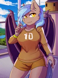 Size: 2424x3245 | Tagged: safe, artist:hakkids2, derpibooru import, oc, oc:moon bloom, unofficial characters only, anthro, bat pony, adorasexy, bat pony oc, bat wings, clothes, commission, cute, female, high res, sexy, shorts, solo, wings, ych result