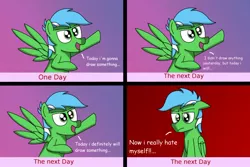 Size: 1280x853 | Tagged: safe, artist:nitro-banana, derpibooru import, oc, oc:nitro banana, unofficial characters only, pegasus, pony, comic, excitement, looking at you, self hatred, simple background