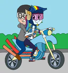 Size: 1301x1397 | Tagged: safe, artist:hunterxcolleen, derpibooru import, rainbow dash, oc, oc:stewart gary, equestria girls, equestria girls series, fomo, spoiler:eqg series (season 2), driving, helmet, hug, motorcycle, road, scared