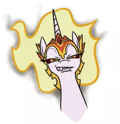 Size: 641x659 | Tagged: safe, artist:jargon scott, derpibooru import, daybreaker, alicorn, pony, angry, bust, fangs, female, jewelry, looking at you, mane of fire, mare, regalia, simple background, sneer, solo, white background