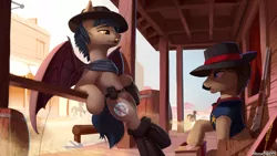 Size: 1920x1080 | Tagged: safe, artist:discordthege, derpibooru import, sheriff silverstar, oc, bat pony, earth pony, pony, appleloosa, bandana, barrel, bat pony oc, bat wings, building, cigar, commission, cowboy hat, gun, hat, scenery, smoking, weapon, western, wings