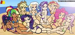 Size: 7640x3648 | Tagged: suggestive, artist:mrmaclicious, derpibooru import, applejack, fluttershy, pinkie pie, rainbow dash, rarity, sci-twi, starlight glimmer, sunset shimmer, trixie, twilight sparkle, bat pony, human, equestria girls, abs, arm behind head, armpits, ass, balloonbutt, beach, bikini, breasts, busty applejack, busty fluttershy, busty pinkie pie, busty rainbow dash, busty rarity, busty starlight glimmer, busty sunset shimmer, busty trixie, busty twilight sparkle, butt, cleavage, clothes, female, females only, flutterbat, flutterbutt, glimmer glutes, human coloration, humane five, humane seven, humane six, humanized, moderate dark skin, muscles, muscular female, race swap, rearity, sideboob, swimsuit, tanned