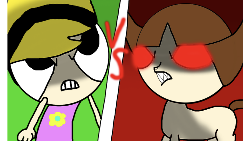 Size: 1334x750 | Tagged: artist:undeadponysoldier, crossover, derpibooru import, human, mandy, oc, oc:demonick, oc:nick, safe, split screen, the grim adventures of billy and mandy, unofficial characters only, vs