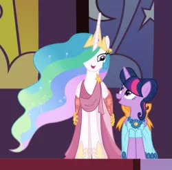 Size: 807x793 | Tagged: safe, derpibooru import, screencap, princess celestia, twilight sparkle, twilight sparkle (alicorn), alicorn, pony, make new friends but keep discord, alternate hairstyle, clothes, cropped, dress, duo, female, gala dress, gown, looking at each other, mare, open mouth, smiling