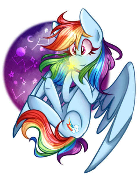 Size: 725x915 | Tagged: safe, artist:rainbowkittyy, derpibooru import, rainbow dash, pegasus, pony, constellation, cute, dashabetes, eye clipping through hair, eyebrows visible through hair, looking at something, moon, planet, solo, spread wings, stars, wings