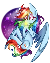 Size: 725x915 | Tagged: safe, artist:rainbowkittyy, derpibooru import, rainbow dash, pegasus, pony, constellation, cute, dashabetes, eye clipping through hair, eyebrows visible through hair, looking at something, moon, planet, solo, spread wings, stars, wings