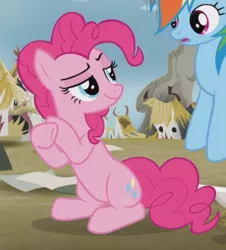Size: 632x698 | Tagged: safe, derpibooru import, screencap, pinkie pie, rainbow dash, earth pony, pegasus, pony, the lost treasure of griffonstone, cropped, crossed hooves, female, lidded eyes, looking at each other, mare, open mouth, sitting, smiling, smug, solo focus
