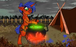 Size: 1920x1200 | Tagged: safe, artist:brainiac, derpibooru import, oc, unofficial characters only, pony, fallout equestria, cauldron, commission, fence, floppy ears, fluffy, killing joke, raider, scar, sketch, solo, tent