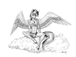 Size: 1400x1047 | Tagged: anthro, artist:baron engel, breasts, clothes, cloud, derpibooru import, female, grayscale, mare, midriff, monochrome, on a cloud, pegasus, pencil drawing, rainbow dash, shorts, simple background, sitting, sitting on cloud, solo, solo female, sports bra, suggestive, traditional art, unguligrade anthro, white background