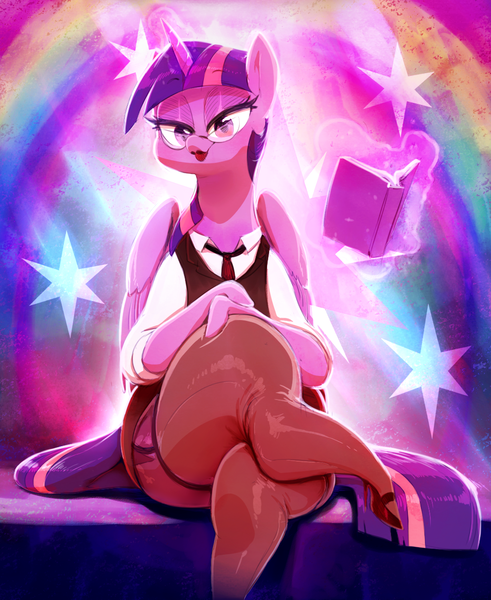 Size: 987x1206 | Tagged: suggestive, artist:sunibee, derpibooru import, twilight sparkle, twilight sparkle (alicorn), alicorn, pony, semi-anthro, bedroom eyes, book, clothes, crossed legs, female, garters, glasses, high heels, lipstick, magic, mare, mary janes, necktie, sexy, shirt, shoes, sitting, skirt, smiling, socks, solo, stockings, teacher, telekinesis, thigh highs, vest