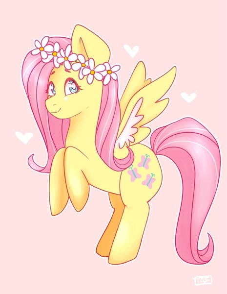 Size: 993x1280 | Tagged: safe, artist:octosprite, derpibooru import, fluttershy, pegasus, pony, cute, floral head wreath, flower, heart, pink background, shyabetes, simple background, solo, two toned wings, wings