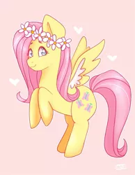 Size: 993x1280 | Tagged: safe, artist:octosprite, derpibooru import, fluttershy, pegasus, pony, cute, floral head wreath, flower, heart, pink background, shyabetes, simple background, solo, two toned wings, wings