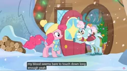 Size: 1920x1080 | Tagged: safe, derpibooru import, edit, edited screencap, screencap, aurora the reindeer, pinkie pie, pony, best gift ever, blood, caption, meme, touchdown, youtube caption