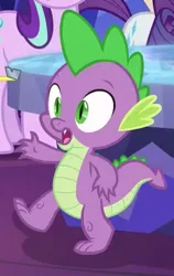 Size: 261x412 | Tagged: claws, cropped, cutie map, derpibooru import, dragon, male, offscreen character, raised leg, rarity, safe, school daze, screencap, solo focus, spike, starlight glimmer, tail