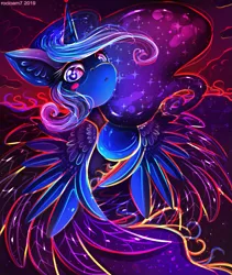 Size: 1575x1868 | Tagged: safe, artist:rocioam7, derpibooru import, princess luna, alicorn, pony, blushing, color porn, colored feathertips, ethereal mane, flowing mane, missing accessory, signature, solo, starry mane, surreal, wingding eyes