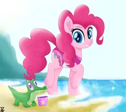 Size: 6200x5500 | Tagged: safe, artist:theretroart88, derpibooru import, gummy, pinkie pie, ponified, pony, beach, bucket, clothes, cute, equestria girls outfit, equestria girls ponified, movie accurate, one-piece swimsuit, swimsuit, water
