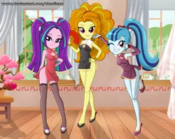 Size: 1078x856 | Tagged: safe, artist:charliexe, derpibooru import, adagio dazzle, aria blaze, sonata dusk, equestria girls, adoragio, adorasexy, ariabetes, cheongsam, clothes, cute, dress, female, flats, hand fan, indoors, legs, looking at you, one eye closed, pigtails, ponytail, schrödinger's pantsu, sexy, shoes, smiling, socks, sonatabetes, stockings, the dazzlings, thigh highs, trio, twintails, wink, zettai ryouiki