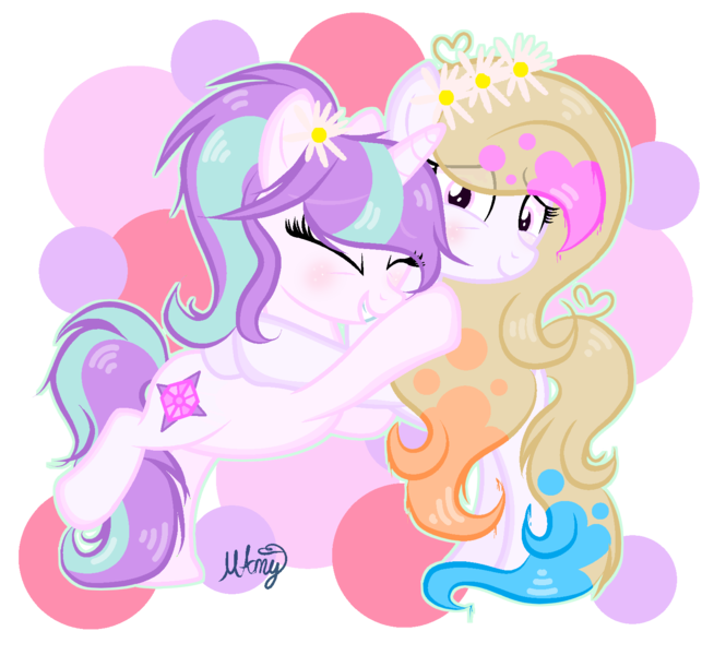 Size: 1526x1400 | Tagged: safe, artist:101xsplattyx101, derpibooru import, oc, oc:spring splat, oc:twilight shimmer, unofficial characters only, pegasus, pony, unicorn, female, flower, flower in hair, hug, mare, simple background, transparent background