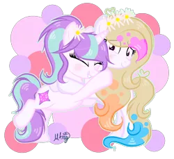 Size: 1526x1400 | Tagged: safe, artist:101xsplattyx101, derpibooru import, oc, oc:spring splat, oc:twilight shimmer, unofficial characters only, pegasus, pony, unicorn, female, flower, flower in hair, hug, mare, simple background, transparent background