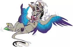 Size: 1230x801 | Tagged: safe, artist:eqq_scremble, derpibooru import, discord, ponified, pegasus, pony, beard, bendy straw, colored hooves, colored wings, crossed legs, cup, devil horn (gesture), drinking straw, eye bag, facial hair, floating eyebrows, leonine tail, male, meta, pony discord, silly straw, simple background, sipping, solo, stallion, teacup, tired eyes, white background, wing hands, wings