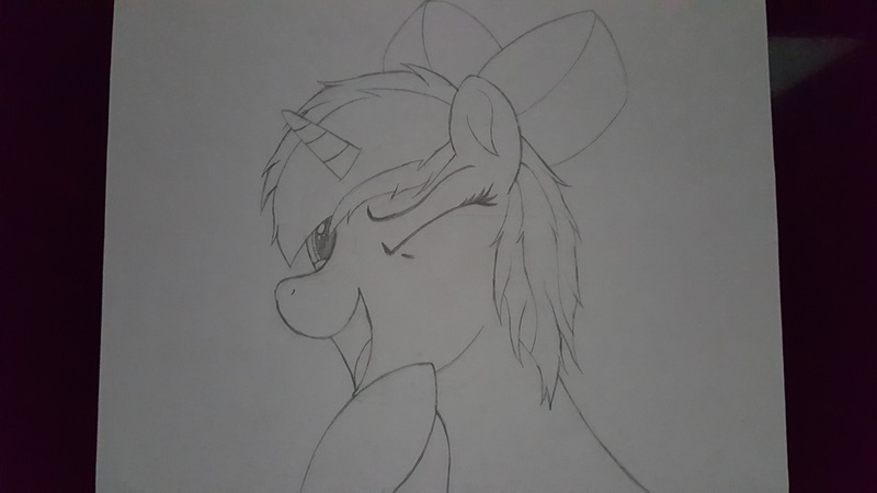 Size: 5312x2988 | Tagged: safe, artist:straighttothepointstudio, derpibooru import, oc, unofficial characters only, pony, black and white, bow, bust, drawing, grayscale, messy mane, monochrome, one eye closed, portrait, solo, traditional art, wink