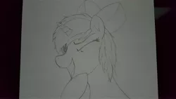 Size: 5312x2988 | Tagged: safe, artist:straighttothepointstudio, derpibooru import, oc, unofficial characters only, pony, black and white, bow, bust, drawing, grayscale, messy mane, monochrome, one eye closed, portrait, solo, traditional art, wink