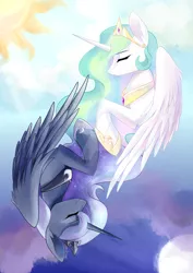 Size: 1024x1448 | Tagged: safe, artist:shu-jeantte, derpibooru import, princess celestia, princess luna, alicorn, pony, deviantart watermark, duo, ethereal mane, eyes closed, female, jewelry, mare, moon, obtrusive watermark, regalia, siblings, sisters, smiling, starry mane, sun, watermark, yin-yang