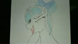 Size: 5312x2988 | Tagged: safe, artist:straighttothepointstudio, derpibooru import, oc, unofficial characters only, pony, unicorn, bow, bust, colored, hair bow, happy, messy mane, one eye closed, portrait, solo, traditional art, wink