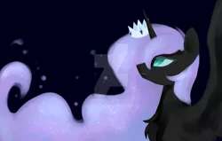 Size: 1024x653 | Tagged: safe, artist:shu-jeantte, derpibooru import, nightmare moon, princess luna, alicorn, pony, chest fluff, crown, dark, deviantart watermark, ethereal mane, female, jewelry, mare, missing accessory, nightmare luna, obtrusive watermark, regalia, simple background, slit eyes, solo, spread wings, starry mane, watermark, wings