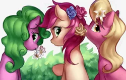 Size: 670x429 | Tagged: safe, artist:luciferamon, derpibooru import, daisy, flower wishes, lily, lily valley, roseluck, earth pony, pony, :o, cute, female, flower, flower in hair, flower trio, looking at you, looking back, looking back at you, mare, mouth hold, open mouth, raised hoof, sitting, smiling, trio