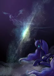 Size: 1280x1811 | Tagged: safe, artist:shu-jeantte, derpibooru import, princess luna, alicorn, pony, cloud, curved horn, cutie mark, deviantart watermark, ethereal mane, female, flying, galaxy, horn, large wings, looking at you, looking back, looking back at you, mare, obtrusive watermark, prone, solo, space, starry mane, stars, watermark, wings