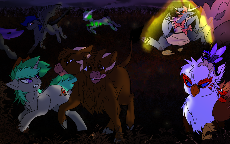 Size: 1920x1200 | Tagged: safe, artist:brainiac, derpibooru import, oc, oc:casey, oc:duskclaw, oc:rocky, oc:shotglass, unofficial characters only, bat pony, brahmin, breezie, changeling, cow, ghoul, gryphon, minotaur, undead, unicorn, fallout equestria, apron, changeling oc, clothes, commission, crossdressing, dungeons and dragons, fallout, glowing ghoul, multiple heads, pen and paper rpg, rage, rpg, running, scorpion tail, tongue out, two heads