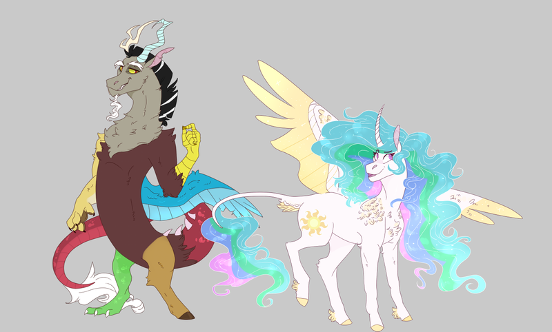 Size: 1405x847 | Tagged: safe, artist:m00n-fruit, derpibooru import, discord, princess celestia, alicorn, draconequus, blushing, chest fluff, colored wings, curved horn, cute, cutelestia, discute, dislestia, female, flowing mane, fluffy, horn, leonine tail, male, missing accessory, shipping, smiling, sparkles, straight, tail feathers, unshorn fetlocks, wings