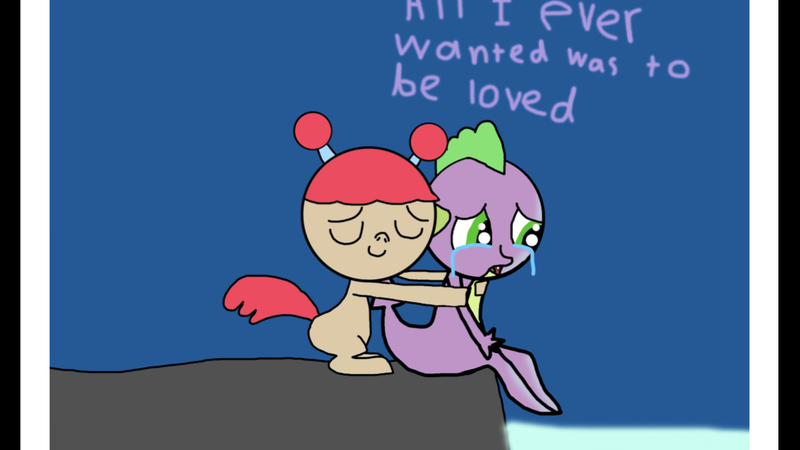 Size: 1334x750 | Tagged: alternate version, artist:undeadponysoldier, crying, derpibooru import, hug, luminous, oc, oc:molly, sad, safe, spike, spikelove, text, water