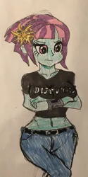 Size: 1536x3072 | Tagged: safe, artist:austin624fan, derpibooru import, sunny flare, equestria girls, belly button, belt, breasts, clothes, crossed arms, disturbed (band), female, jeans, pants, shirt, solo, traditional art