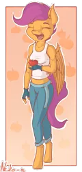 Size: 577x1200 | Tagged: anthro, apple, apple bloomers, artist:neko-me, breasts, busty scootaloo, clothes, derpibooru import, eyes closed, female, fingerless gloves, food, gloves, mare, midriff, older, open mouth, pants, pegasus, safe, scootaloo, solo, tanktop, unguligrade anthro