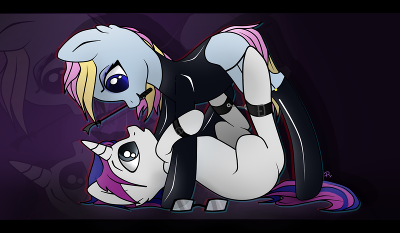 Size: 1519x885 | Tagged: suggestive, artist:reterica, deleted from derpibooru, derpibooru import, oc, oc:eve scintilla, pony, bdsm, blue eyes, clothes, commission, glasses, latex, latex socks, latex suit, riding crop, socks, zoom layer