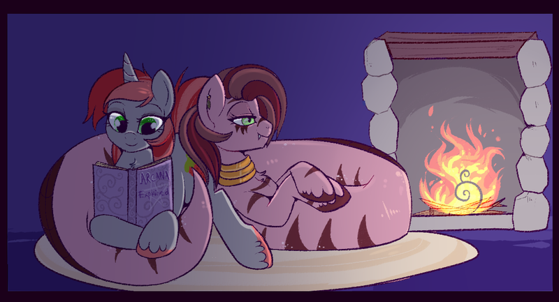 Size: 1136x615 | Tagged: safe, artist:lulubell, derpibooru import, oc, oc:fade, oc:xolani, unofficial characters only, lamia, original species, unicorn, zebra, cuddling, female, fireplace, mare, reading