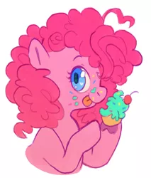 Size: 800x940 | Tagged: safe, artist:blynxee, derpibooru import, pinkie pie, earth pony, pony, bust, cupcake, cute, diapinkes, eating, food, heart, heart eyes, heart hoof, looking at you, messy eating, profile, simple background, solo, tongue out, white background, wingding eyes