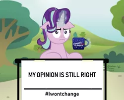 Size: 1335x1080 | Tagged: safe, derpibooru import, starlight glimmer, pony, :i, change my mind, hashtag, i mean i see, magic, mug, paradox, sitting, stubborn