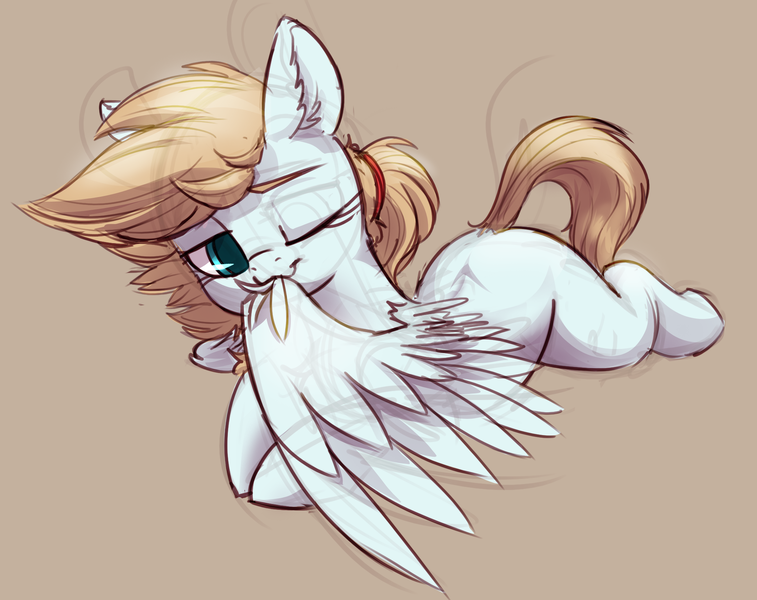 Size: 2020x1601 | Tagged: safe, artist:yoditax, derpibooru import, oc, oc:cold blight, unofficial characters only, pegasus, pony, cute, female, grooming, mare, nibbling, one eye closed, ponytail, preening, simple background, solo