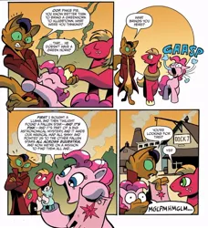 Size: 842x925 | Tagged: safe, artist:andypriceart, derpibooru import, idw, big macintosh, capper dapperpaws, cha cha, pinkie pie, abyssinian, anthro, digitigrade anthro, earth pony, pony, my little pony: the movie, spoiler:comic, spoiler:comic76, anthro with ponies, comic, female, klugetown, male, mare, official comic, speech bubble, stallion