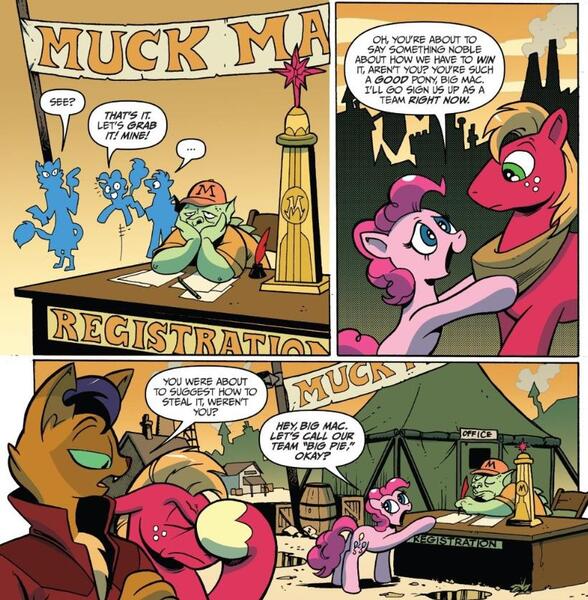 Size: 821x838 | Tagged: safe, artist:andypriceart, derpibooru import, idw, big macintosh, capper dapperpaws, pinkie pie, abyssinian, earth pony, pony, my little pony: the movie, spoiler:comic, spoiler:comic76, comic, facehoof, female, klugetown, male, mare, official comic, speech bubble, stallion, trophy