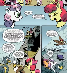 Size: 836x911 | Tagged: safe, artist:andypriceart, derpibooru import, idw, apple bloom, scootaloo, sweetie belle, zecora, earth pony, gryphon, pegasus, pony, unicorn, spoiler:comic, spoiler:comic76, airship, comic, cutie mark crusaders, female, filly, flying, foal, griffonstone, official comic, ponies riding griffons, riding, speech bubble