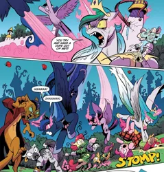 Size: 848x886 | Tagged: safe, artist:andypriceart, derpibooru import, idw, apple bloom, big macintosh, capper dapperpaws, cosmos (character), pinkie pie, princess celestia, princess luna, scootaloo, sweetie belle, twilight sparkle, twilight sparkle (alicorn), zecora, abyssinian, alicorn, anthro, digitigrade anthro, earth pony, pegasus, pony, unicorn, zebra, my little pony: the movie, spoiler:comic, spoiler:comic76, abyssinians doing cat things, angry, comic, cutie mark crusaders, fangs, female, fight, filly, foal, hissing, mare, nightmare face, official comic, onomatopoeia, possessed, possesstia, sombra eyes, sound effects, speech bubble, the nightmare before christmas