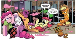 Size: 800x428 | Tagged: safe, artist:andypriceart, derpibooru import, idw, apple bloom, applejack, capper dapperpaws, pinkie pie, scootaloo, sweetie belle, cat, earth pony, pegasus, pony, unicorn, my little pony: the movie, spoiler:comic, spoiler:comic76, apple, apple core, ass up, clothes, cutie mark crusaders, female, filly, foal, food, hoof on head, i've seen some shit, jail, kilt, legs in air, male, mare, mismatched eyes, official comic, shrunken pupils, sitting, speech bubble, underhoof, younger